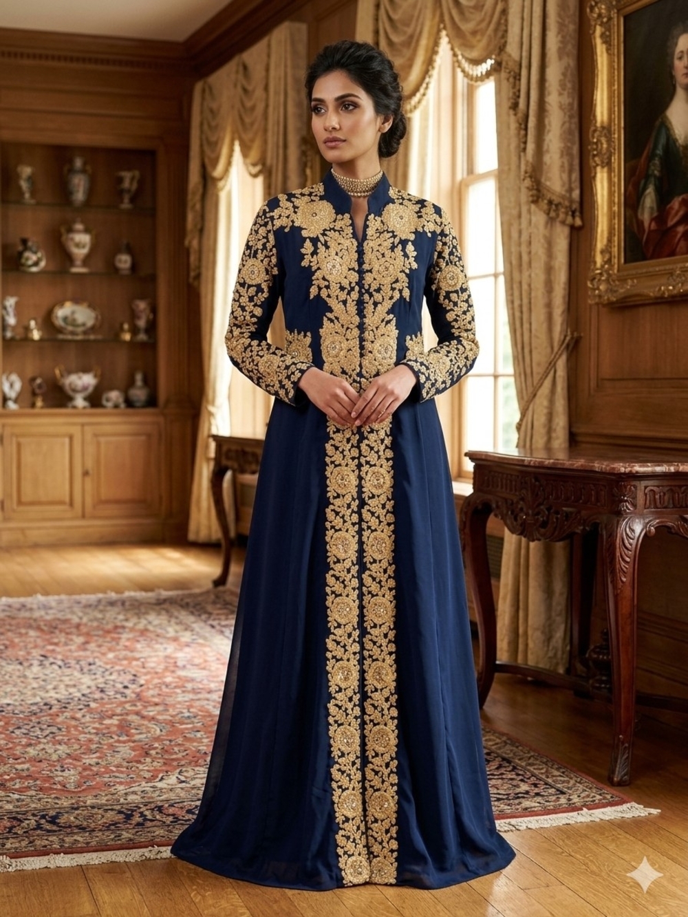 Elegant Navy Blue & Gold Embroidered Maxi Dress / Kaftan Anarkali Gown